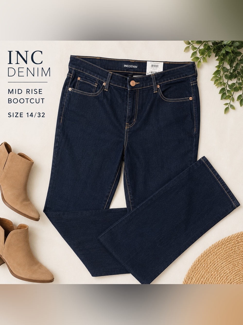 INC Denim Mid Rise Bootcut Jeans Dark Indigo Size 14/32
